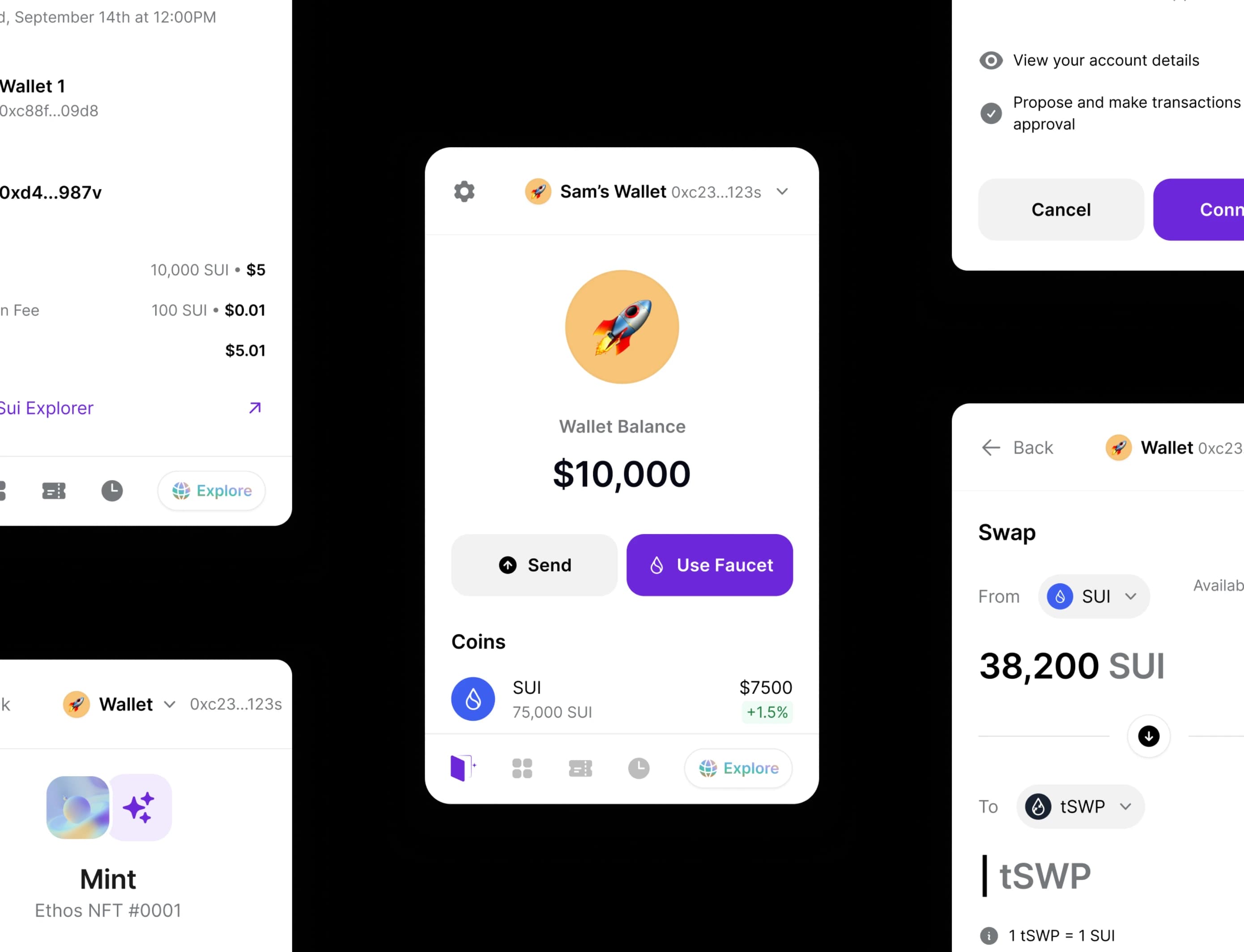 Ethos Wallet screens over a Sui ecosystem mesh gradient