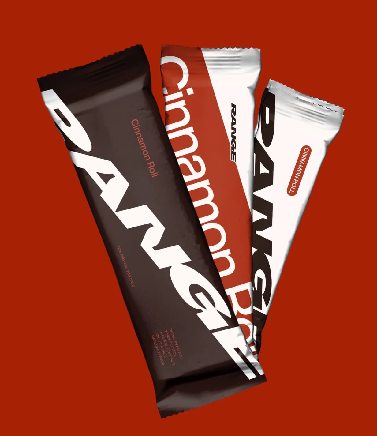 RANGE protein bar packaging across flavors